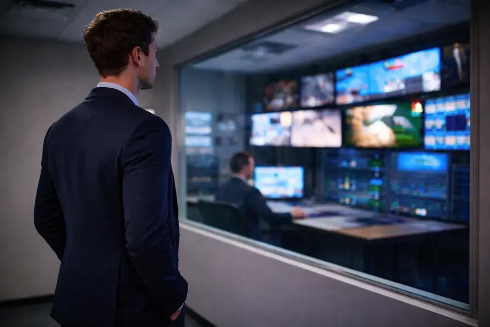 What internet speed for IPTV: engineer monitoring streaming servers on screens