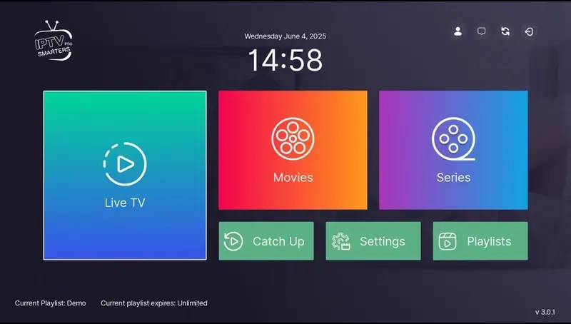 What is EPG: IPTV app dashboard with Live TV and TV guide options