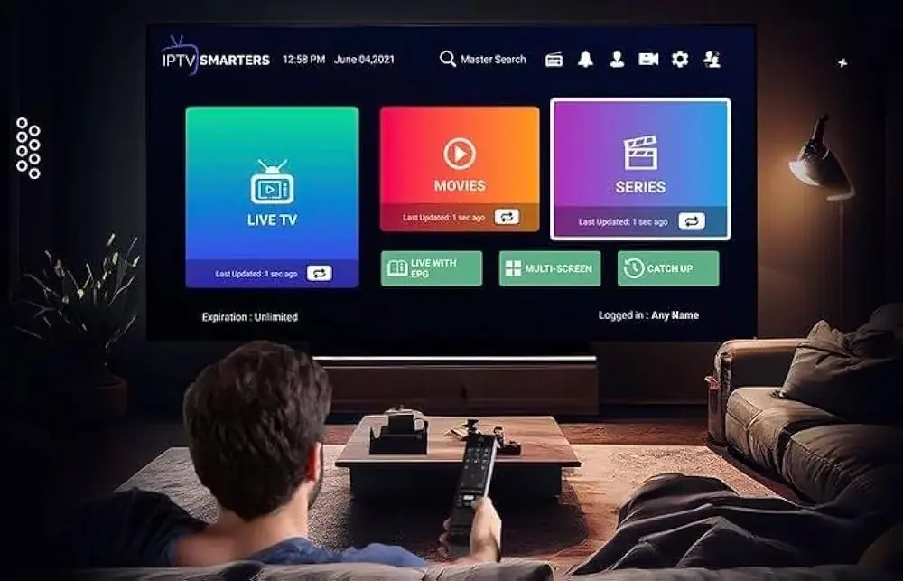 IPTV app on a TV in a living room with the Live TV menu open