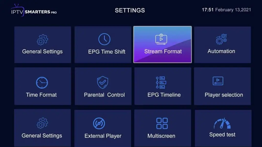 IPTV app settings including EPG, time shift and time format options