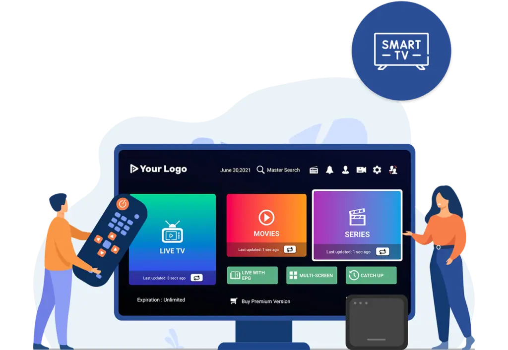 Illustration of people setting up a Smart TV with an IPTV app