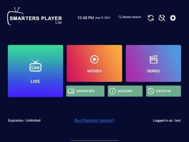 IPTV Smarters Pro setup: the Smarters player home menu with Live, Movies and Series