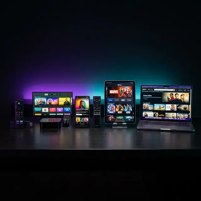 Set-top box and TV screens lit up on a dark shelf