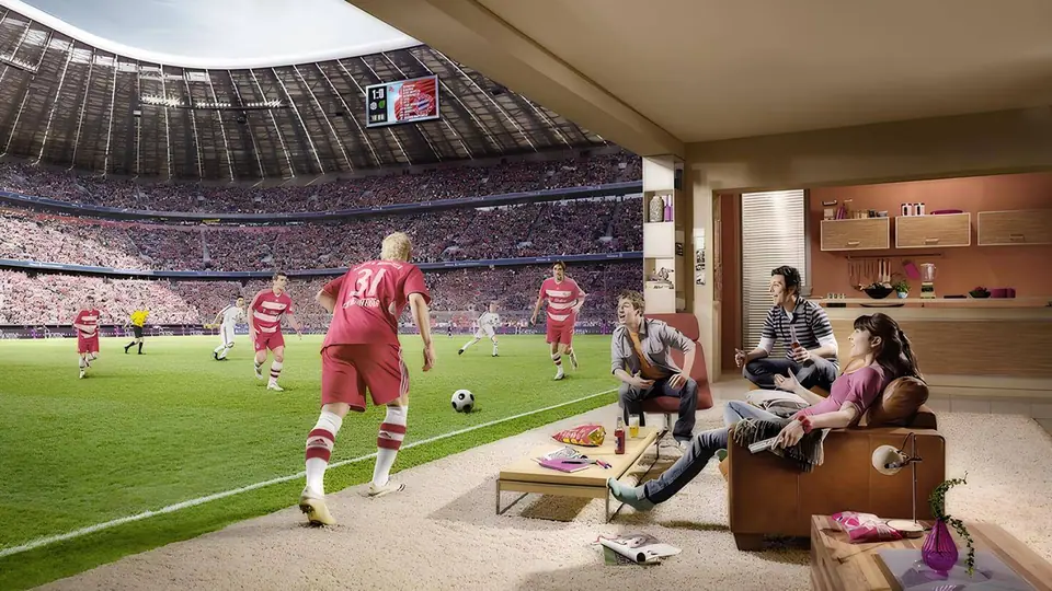 Live football on a large TV in a family living room