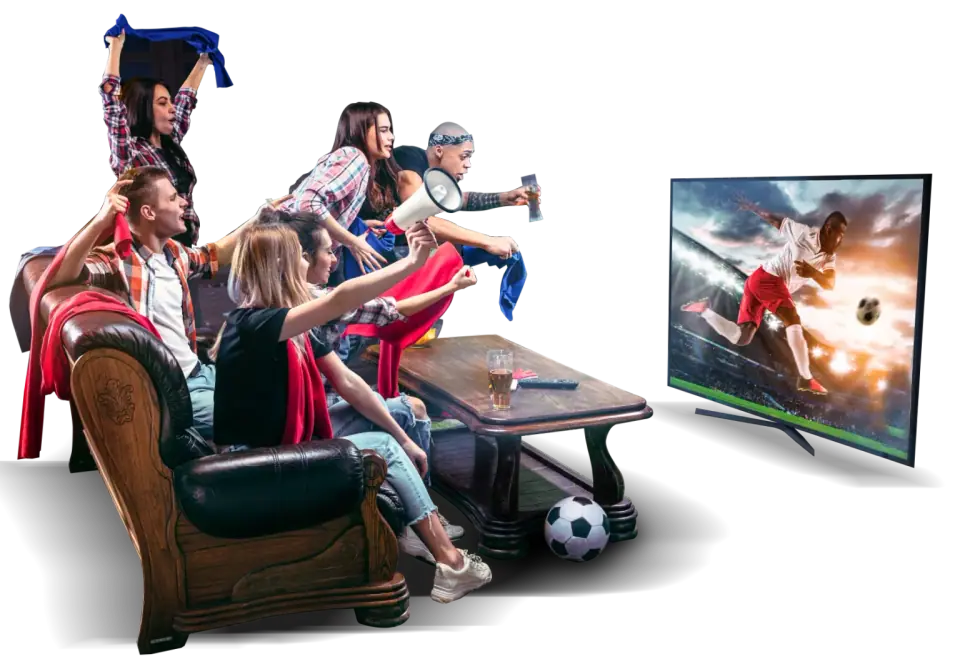 Friends celebrating in front of a TV during a live football match