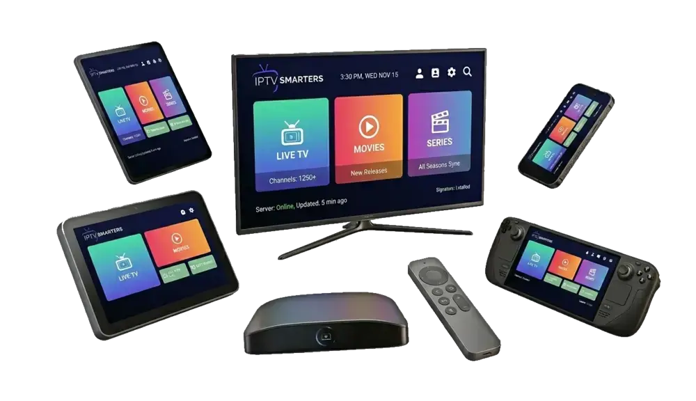 IPTV app running on a TV, tablet, phone and Android box