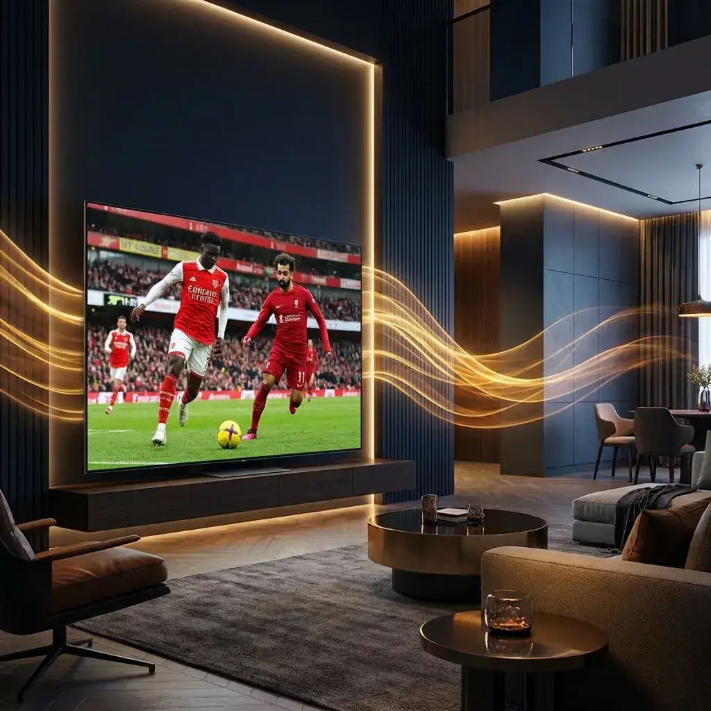 Cheap IPTV UK service showing live football in 4K on a living room TV